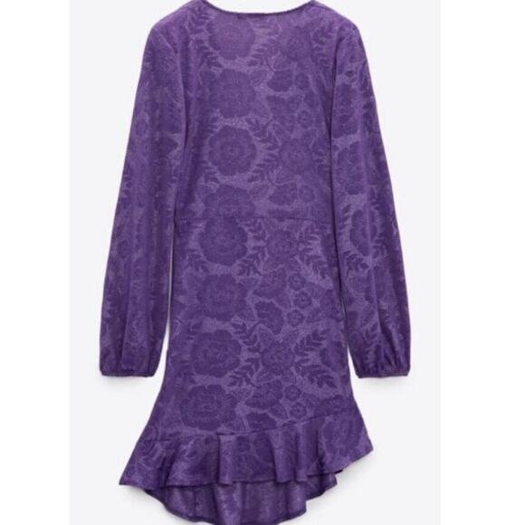 Zara Purple Wrap Front Mini Dress Long Sleeve Floral Embossed Print V-Neck Small - Picture 10 of 13